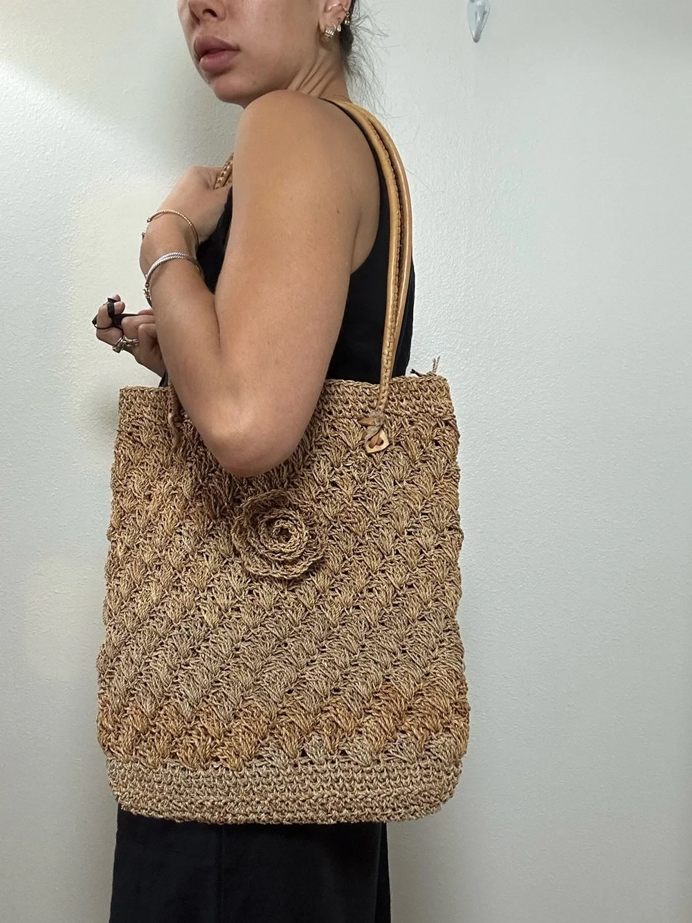 Brown Beige Woven Straw Handmade Tote Bag with Flower Accent & Leather Strap - Picture 13 of 14